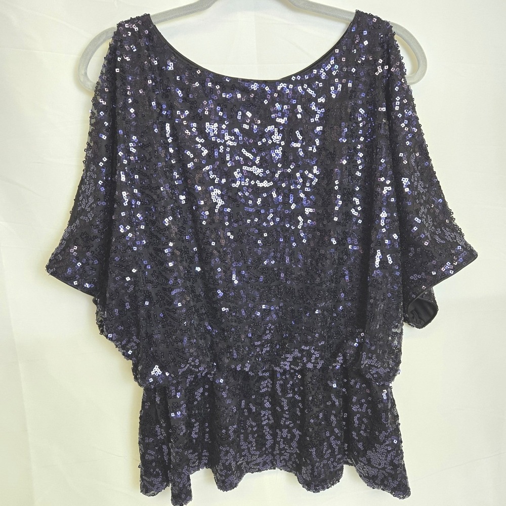 Xscape Joanna Chen Sequin Cold Shoulder Peplum Blouse Metallic Sparkle‎ Blue 12